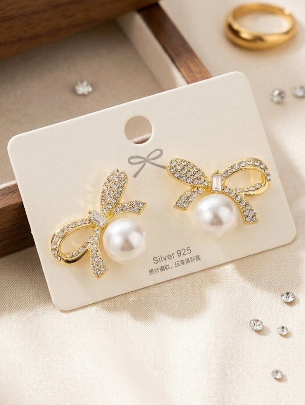 Sliver 925 Gold Tone Rhinestone Bow White Fuax Pearl Earrings